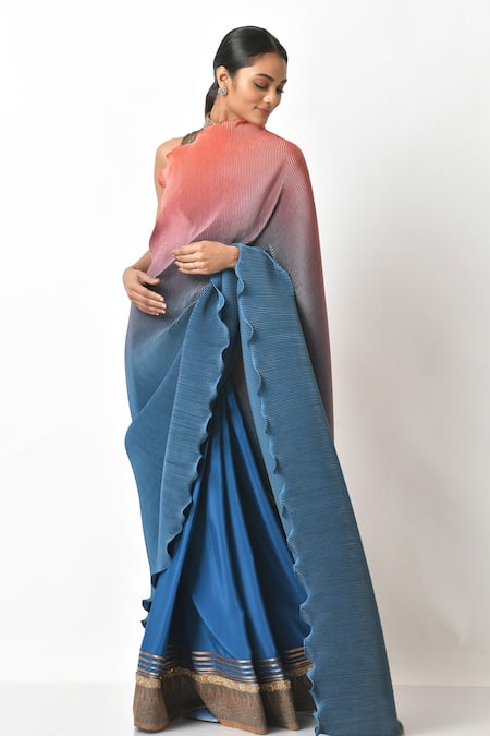 Kiran Uttam Ghosh Blue Pleated Polyester Mix Shaded Saree With Unstitched Blouse Piece  