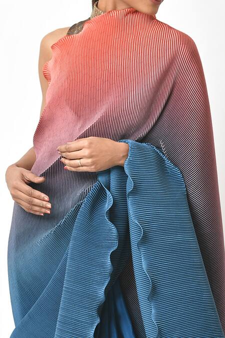 Kiran Uttam Ghosh Blue Pleated Polyester Mix Shaded Saree With Unstitched Blouse Piece at Aza Fashions Kiran Uttam Ghosh_Blue Pleated Polyester Mix Shaded Saree With Unstitched Blouse Piece _at_Aza_Fashions