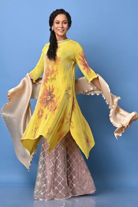 Buy_Kiran Uttam Ghosh_Yellow Pleated Polyester Mix Printed Floral Motifs Round Tunic  _Online_at_Aza_Fashions