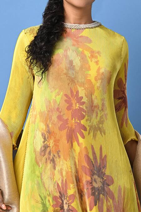 Kiran Uttam Ghosh Yellow Pleated Polyester Mix Printed Floral Motifs Round Tunic at Aza Fashions Kiran Uttam Ghosh_Yellow Pleated Polyester Mix Printed Floral Motifs Round Tunic _at_Aza_Fashions