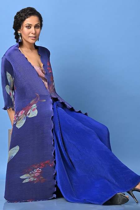 Kiran Uttam Ghosh_Blue Pleated Polyester Mix Floral Open Neck Print Angrakha Jacket _Online_at_Aza_Fashions