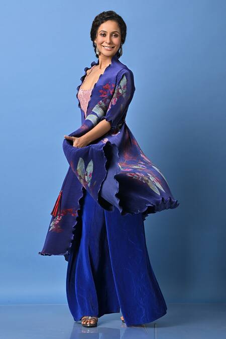 Buy_Kiran Uttam Ghosh_Blue Pleated Polyester Mix Floral Open Neck Print Angrakha Jacket _Online_at_Aza_Fashions