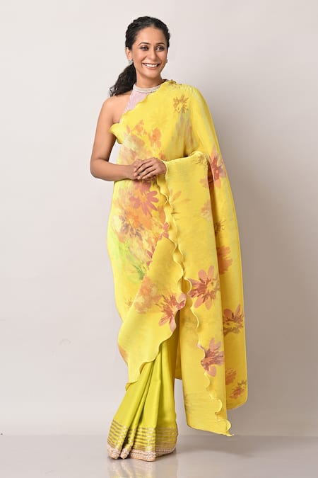 Kiran Uttam Ghosh Blossom Print Pleated Saree With Unstitched Blouse Piece 