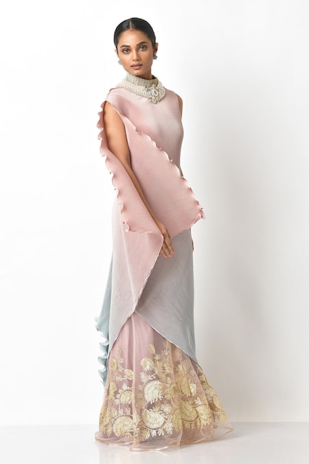 Kiran Uttam Ghosh_Pink Pleated Polyester Mix High Neck Ombre Dress _Online_at_Aza_Fashions