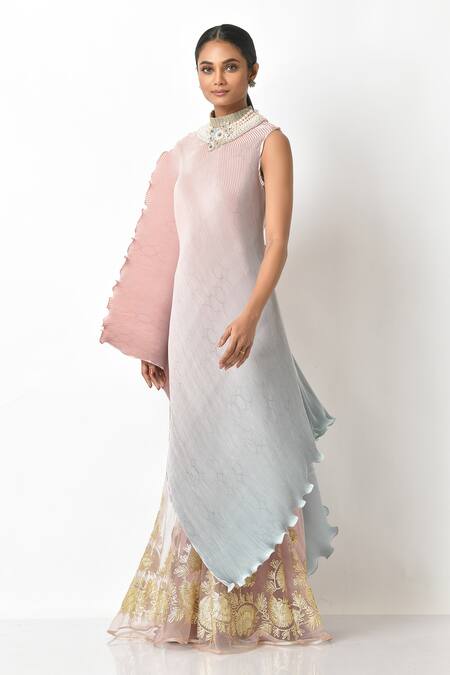 Buy_Kiran Uttam Ghosh_Pink Pleated Polyester Mix High Neck Ombre Dress _Online_at_Aza_Fashions