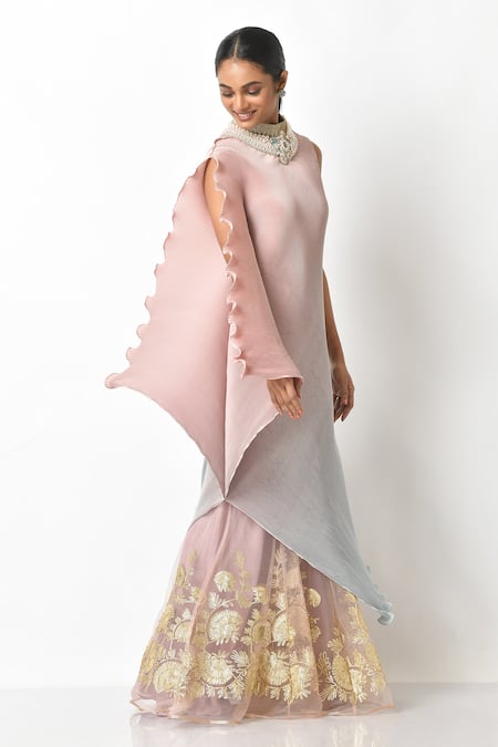 Shop_Kiran Uttam Ghosh_Pink Pleated Polyester Mix High Neck Ombre Dress _Online_at_Aza_Fashions