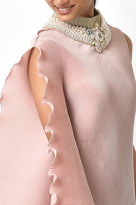 Kiran Uttam Ghosh_Pink Pleated Polyester Mix High Neck Ombre Dress _at_Aza_Fashions