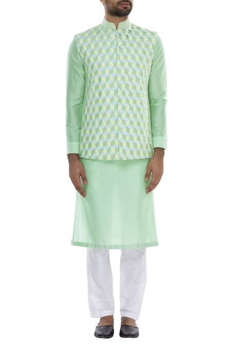 Buy_Kunal Anil Tanna_Blue Spun Silk Embroidered Geometric Pattern Bundi Jacket With Kurta  _Online_at_Aza_Fashions