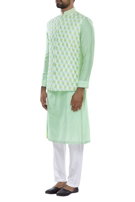 Kunal Anil Tanna_Blue Spun Silk Embroidered Geometric Pattern Bundi Jacket With Kurta  _Online_at_Aza_Fashions