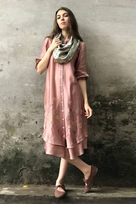 Shop_I Am Design_Pink Satin Linen Embroidered Kurta Set _Online_at_Aza_Fashions