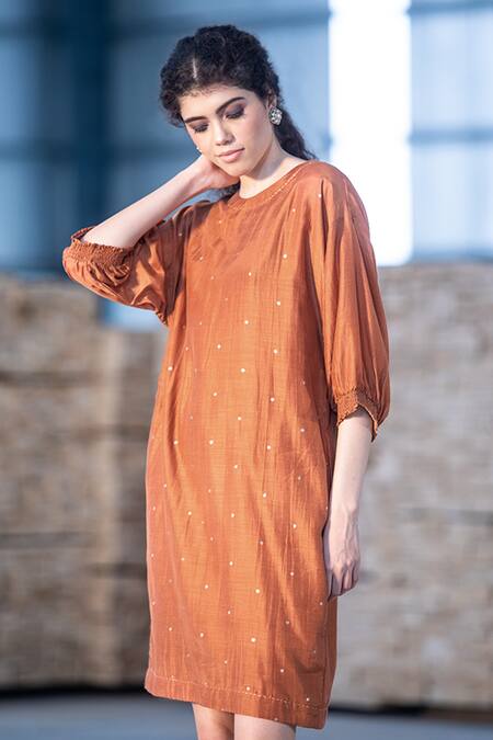 Kharakapas_Orange Cotton Silk Gold Foil Print And Zari Work Round Neck Naaz Shift Dress _Online_at_Aza_Fashions