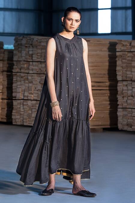 Kharakapas_Black Cotton Silk Gold Foil Print And Zari Work Round Neck Khari Tiered Tent Dress _Online_at_Aza_Fashions