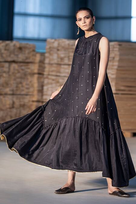 Buy_Kharakapas_Black Cotton Silk Gold Foil Print And Zari Work Round Neck Khari Tiered Tent Dress _Online_at_Aza_Fashions