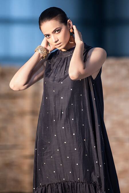 Shop_Kharakapas_Black Cotton Silk Gold Foil Print And Zari Work Round Neck Khari Tiered Tent Dress _Online_at_Aza_Fashions