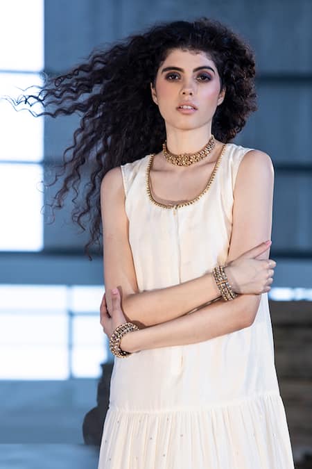 Shop Kharakapas Ivory Cotton Silk Gold Foil Print U Neck Anouk Drop-waist Dress Online at Aza Fashions Shop_Kharakapas_Ivory Cotton Silk Gold Foil Print U Neck Anouk Drop-waist Dress _Online_at_Aza_Fashions