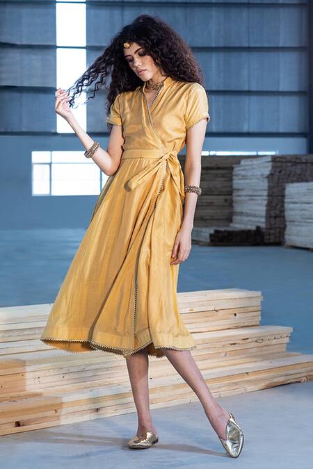 Kharakapas_Yellow Cotton Silk Gota Lace And Zari Work Mandarin Collar Zoya Wrap Sheath Dress _Online_at_Aza_Fashions