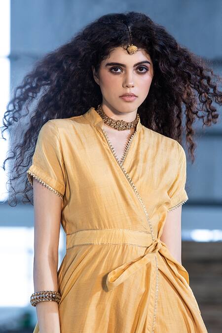 Buy_Kharakapas_Yellow Cotton Silk Gota Lace And Zari Work Mandarin Collar Zoya Wrap Sheath Dress _Online_at_Aza_Fashions