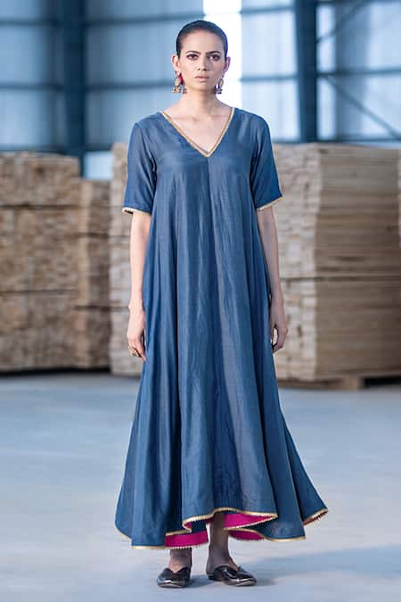 Buy_Kharakapas_Blue Cotton Silk Gota Lace Work V Neck Kyaari Asymmetric Dress _Online_at_Aza_Fashions