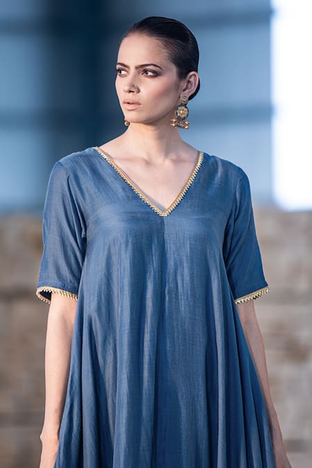 Shop_Kharakapas_Blue Cotton Silk Gota Lace Work V Neck Kyaari Asymmetric Dress _Online_at_Aza_Fashions