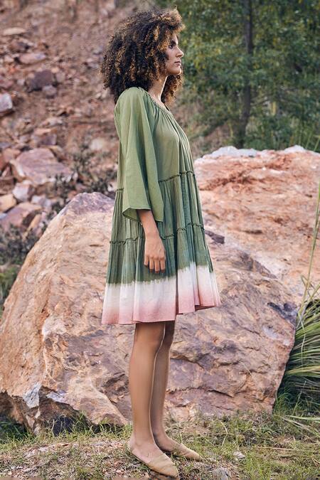 Kharakapas_Green 100% Cotton Plain Round Afar Times Dress _Online_at_Aza_Fashions