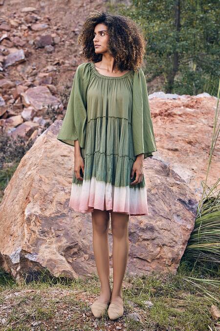 Buy_Kharakapas_Green 100% Cotton Plain Round Afar Times Dress _Online_at_Aza_Fashions