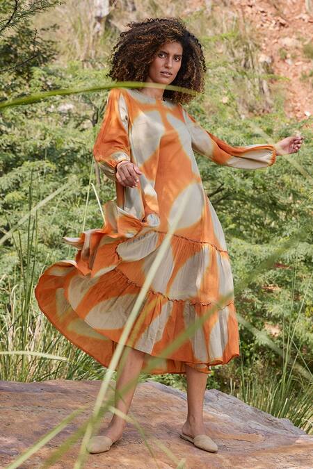 Kharakapas_Orange 100% Cotton Round Soul Of Her Existence Tiered Dress_Online_at_Aza_Fashions