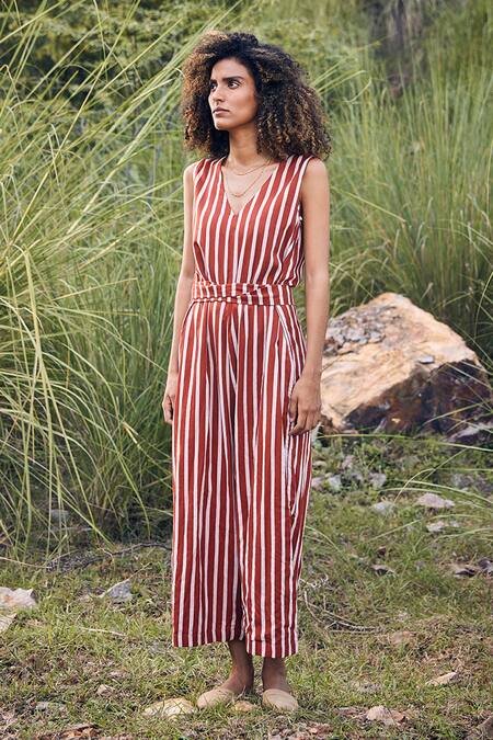 Shop_Kharakapas_Red 100% Cotton Stripe V Neck A Little Love Pattern Jumpsuit _Online_at_Aza_Fashions