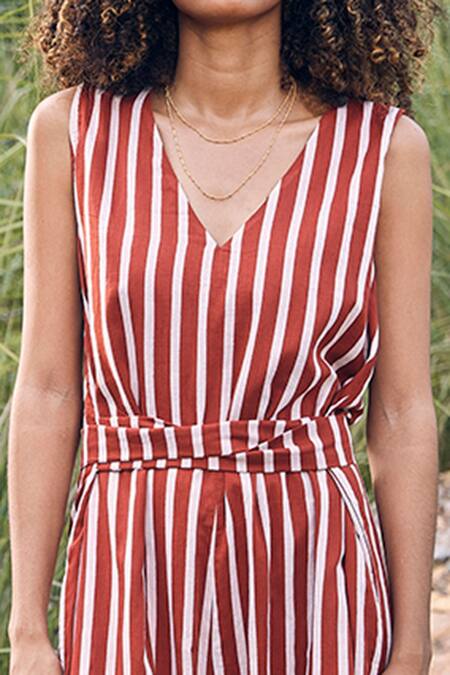 Kharakapas_Red 100% Cotton Stripe V Neck A Little Love Pattern Jumpsuit _at_Aza_Fashions