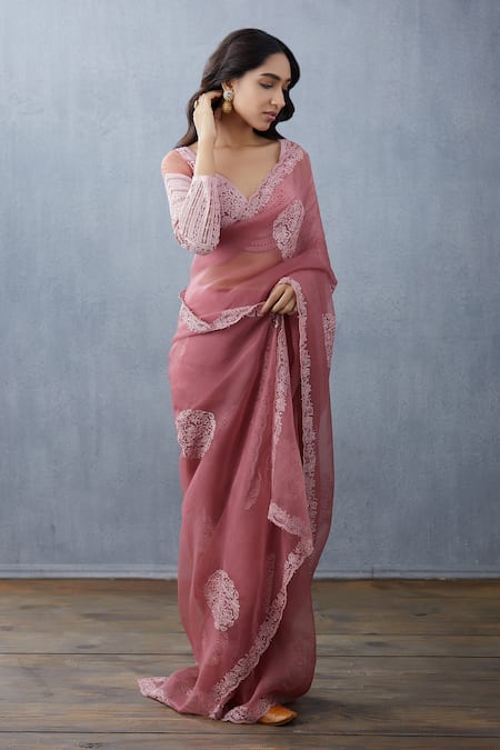Torani_Pink Silk Organza Saree  _Online_at_Aza_Fashions