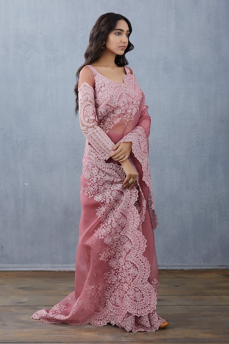 Buy_Torani_Pink Silk Organza Saree _Online_at_Aza_Fashions