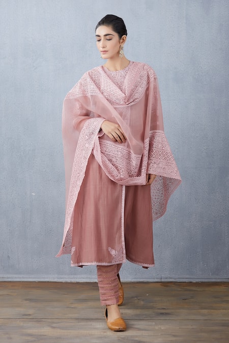 Torani_Pink Angrakha And Pant Tulle & Silk Organza & Gulbahar Kiyah Kurta Set  _Online_at_Aza_Fashions