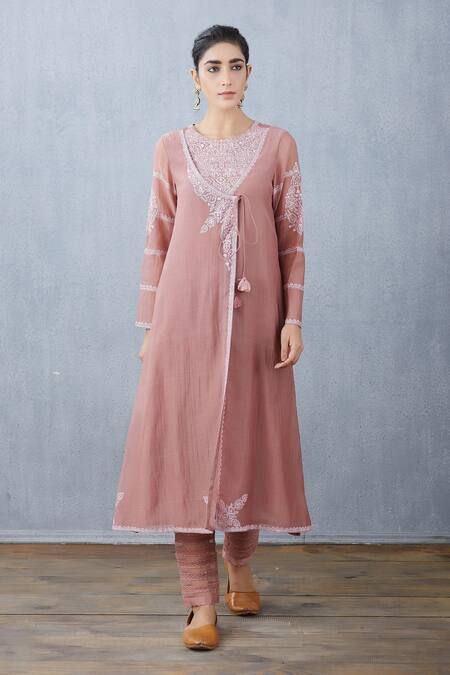 Buy_Torani_Pink Angrakha And Pant Tulle & Silk Organza & Gulbahar Kiyah Kurta Set  _Online_at_Aza_Fashions