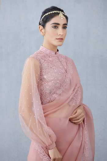 Torani_Pink Tulle, Silk Organza, Handwoven Chanderi Mandarin Collar Blouse_Online_at_Aza_Fashions
