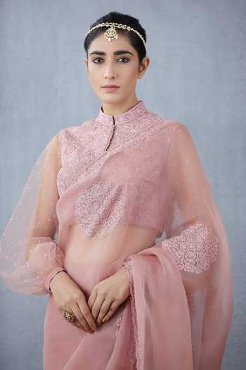 Buy_Torani_Pink Tulle, Silk Organza, Handwoven Chanderi Mandarin Collar Blouse_Online_at_Aza_Fashions