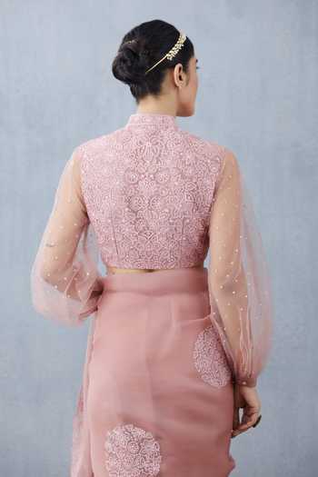 Shop_Torani_Pink Tulle, Silk Organza, Handwoven Chanderi Mandarin Collar Blouse_Online_at_Aza_Fashions