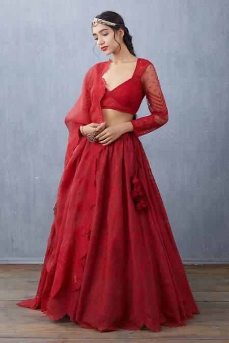 Shop Torani Red Handwoven Chanderi Silk Organza Lehenga at Aza Fashions Shop_Torani_Red Handwoven Chanderi Silk Organza Lehenga_at_Aza_Fashions