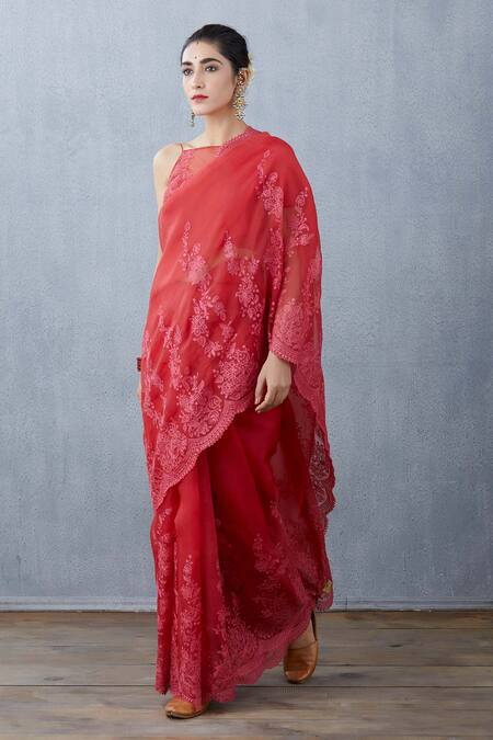 Torani_Red Silk Organza Saree _Online_at_Aza_Fashions