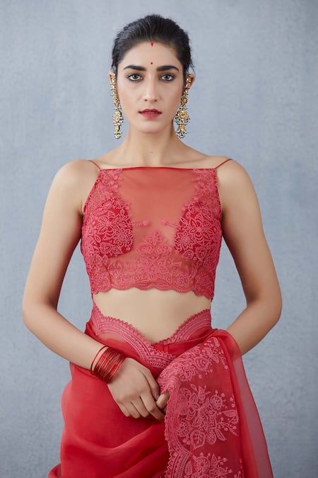 Torani - Red Handwoven Chanderi V Neck Silk Organza Saree Blouse For Women