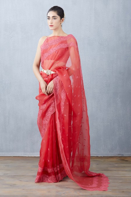 Torani_Red Silk Organza Saree _Online_at_Aza_Fashions