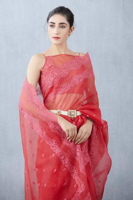 Buy_Torani_Red Silk Organza Saree _Online_at_Aza_Fashions