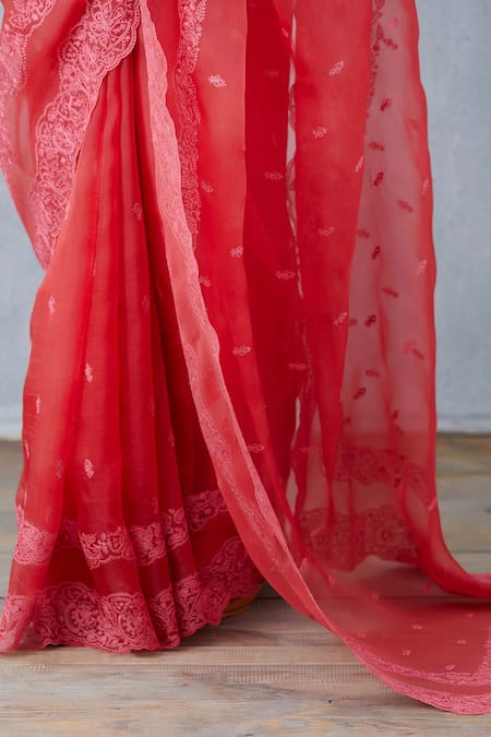 Torani_Red Silk Organza Saree _at_Aza_Fashions