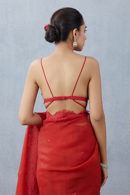 Buy Red Handwoven Chanderi V Neck Silk Organza Saree Blouse For