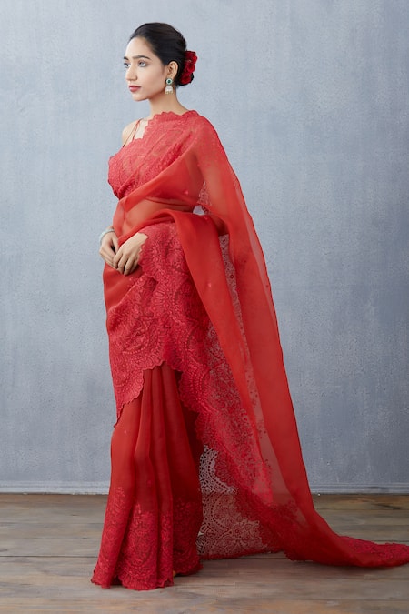 Buy Red Handwoven Chanderi V Neck Silk Organza Saree Blouse For