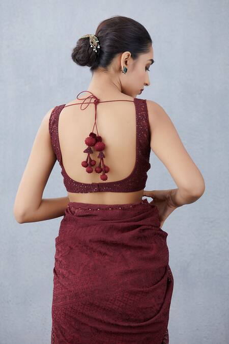 Buy_Torani_Maroon Tulle, Silk Organza, Handwoven Chanderi U Neck Blouse_Online_at_Aza_Fashions