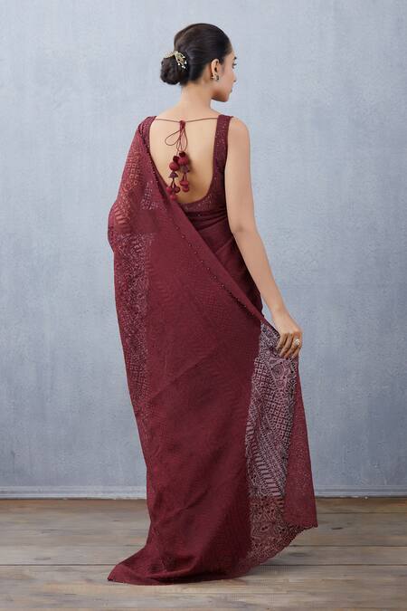 Shop_Torani_Maroon Tulle, Silk Organza, Handwoven Chanderi U Neck Blouse_Online_at_Aza_Fashions