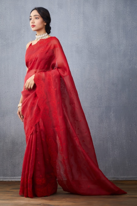 Shop_Torani_Red Silk Organza Surkh Anahita Saree  _at_Aza_Fashions