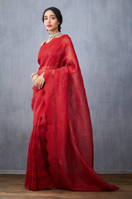 Torani_Red Silk Organza Surkh Anahita Saree  _Online_at_Aza_Fashions
