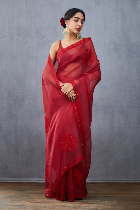 Torani_Red Silk Organza Surkh Aadira Saree _Online_at_Aza_Fashions