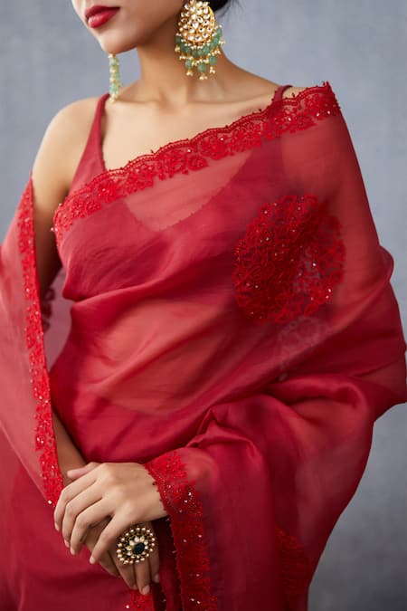 Buy_Torani_Red Silk Organza Surkh Aadira Saree _Online_at_Aza_Fashions