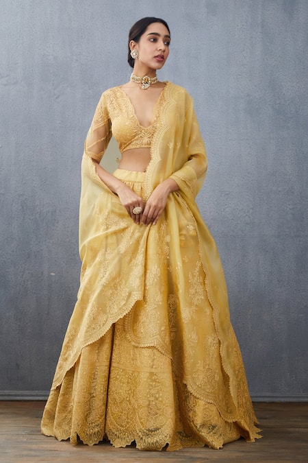 Torani Yellow Silk Organza Embroidered Floral V Neck Sunehra Advaita Bridal Lehenga Set 